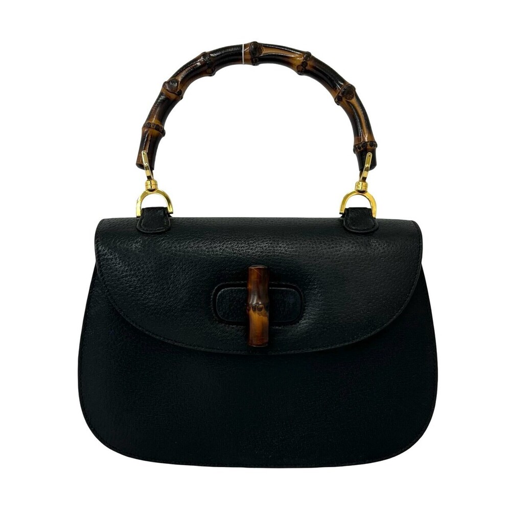 GUCCI Vintage Bamboo Leather Turnlock Handbag Mini Tote Bag Black 88079